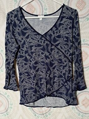 Spense Navy and White Wrap-Style Long-Sleeve Printed Top